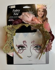 Fairy Floral Gold Crown Headpiece Costume w/face Tattoo Adult Halloween