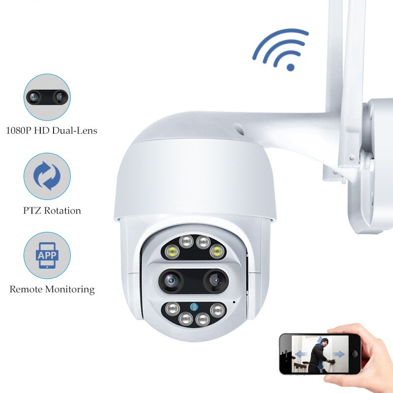 Caméra IP Wifi motorisée PTZ double objectif infrarouge avec application smartphone Cloud