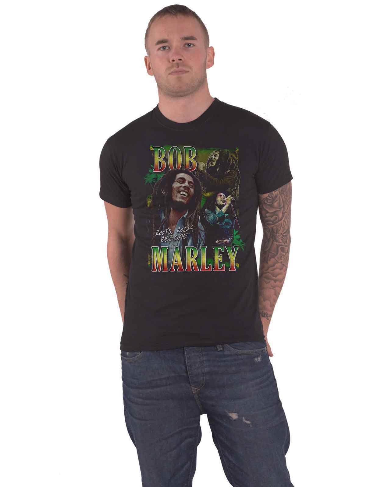 Official Bob Marley Roots Rock Reggae Logo T-Shirt for Men in Black