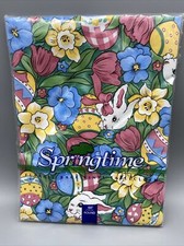 Springtime Tablecloth Flannel Back Vinyl Round 60" Easter Bunny NEW SEALED