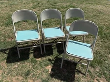 🍊Vintage Lot of 4 MCM Durham Metal Folding Chairs w/ Green Vinyl Seats Beige