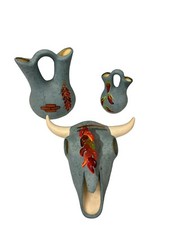 Lot 3 Hozoni Pottery Hand Painted Bull Skull Aqua Native American Indian + Vases