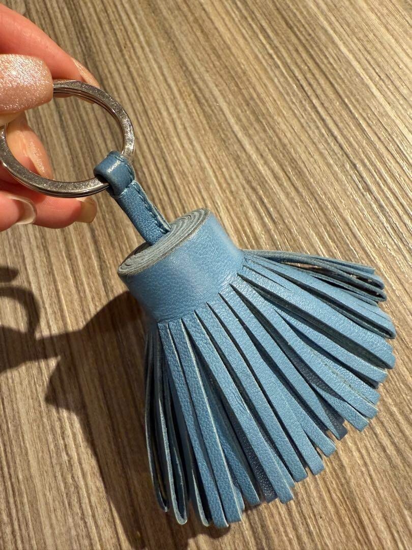 Hermes Carmen Tassel Fringe Keyring Bag Charm Blue Leather Silver