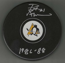 Pat Riggin Signed & Inscribed Pittsburgh Penguins Puck 
