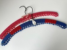 VTG 2 Crocheted Clothes Hangers on Wood Laced Ribbons Red Blue Patriotic Pink