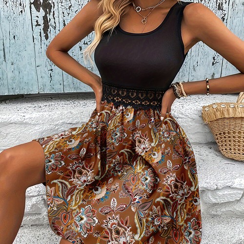 Damen Blumen Tank Kleid Spitze Ärmellos Kurzes Kleid Sommer Urlaub ≌ - Picture 7 of 30