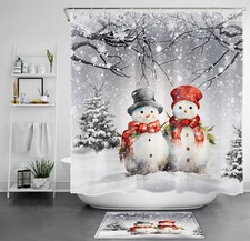 Snowflakes Snowy Pine Tree Xmas Snowman Shower Curtain Bathroom Accessories Set