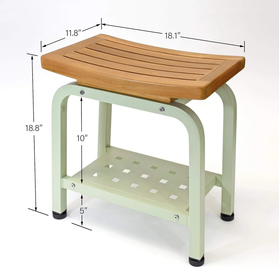 Bali Shower Bench Teak & Aluminum Bath Stool Chair Side Table Light Sage - Image 2 of 4