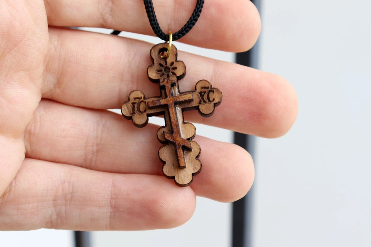 Handmade Olive Wood Orthodox Cross Necklace Holy Land Pendant Christian