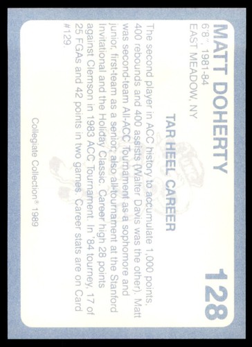 1989-90 Collegiate Collection Matt Doherty North Carolina Tar Heels #128 - Picture 2 of 2