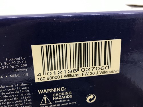 MINICHAMPS 980001 WILLIAMS FW20 F1 1998 #1 VILLENEUVE WINFIELD -1:18-GOOD IN BOX - Imagen 3 de 8