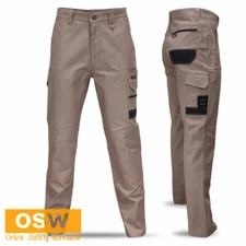 Mens KHAKI Duck Weave Canvas Elastane STRETCH Slim Fit Tradie Cargo Pants 3375