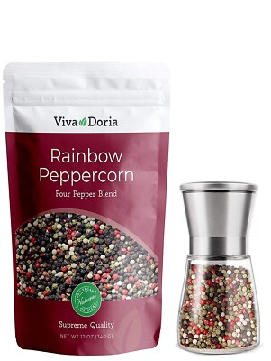 Viva Doria  Rainbow Peppercorn Blend, 12 oz & Premium Salt & Pepper Grinder