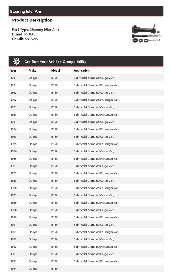 For 1981-1994 Dodge B150 Steering Idler Arm MOOG 1981 1982 1983 1984 1985 1986 - Image 2 of 4