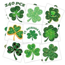 240 Pcs Glitter Shamrock Temporary Tattoos for Kids, Individually Wrapped