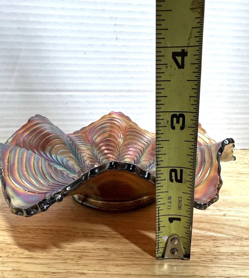 Vintage Fenton Peacock Tail Carnival Glass Bowl Ruffled Edge Iridescent - Image 3 of 4