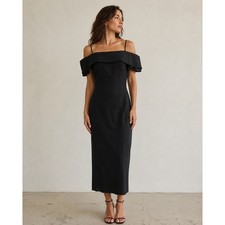 Liz Claiborne Black Off Shoulder Ruffle Midi Dress Womens Size 10 Minimalist