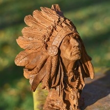 Freestanding Native American Chief Head Bust Sculpture - Cast Iron Ornament