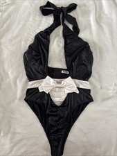 Victoria's Secret Lingerie Teddy Bodysuit Black White Satin Strappy Bow Ties XL