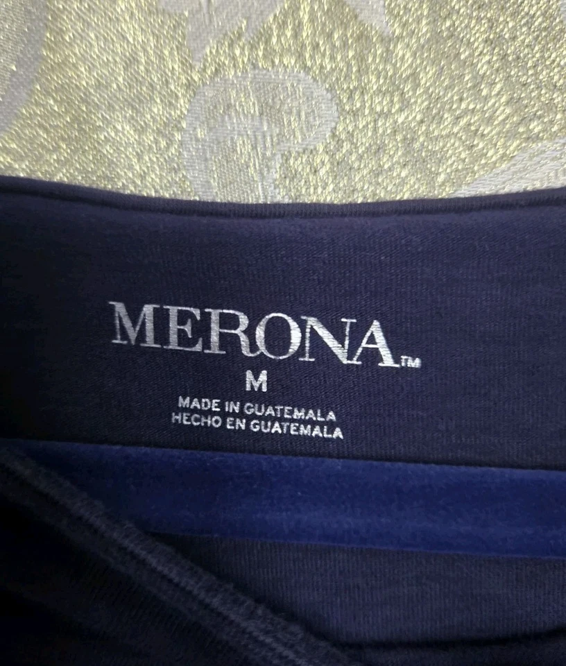 TALLA MED Merona Mujer’s Top Azul Marino y Blanco Rayas Manga 3/4 Foto 3 de 4