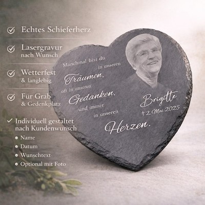 Schieferherz 30x30cm Fotogravur personalisiert Wunschtext Gedenktafel