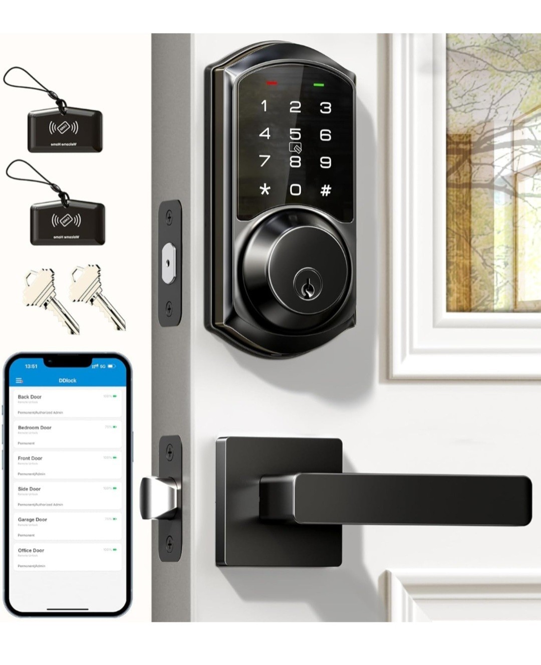 Veise VE06-L Smart Lock Keyless Entry Deadbolt with 2 Lever Handles Matte Black-image