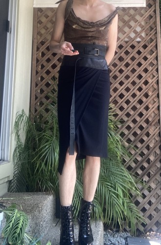 Vtg Donna Karan Y2K 90s Leather wool wrap draped skirt corset black khaki 80s - Picture 8 of 10