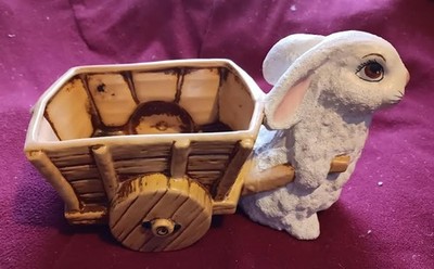 Vintage ceramic Hand Painted Bunny Pulling Cart  Planter/Candy Dish