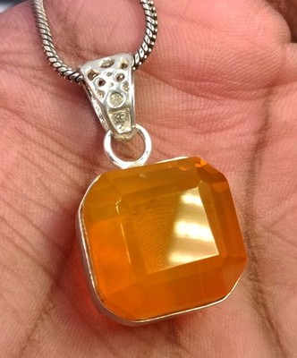 50 Carat Natural Orange Sapphire Pendant Asscher Cut 925 Silver Free Chain 6MGA