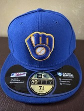 Milwaukee Brewers New Era 59Fifty Cool Base Fitted Cap Hat Size 7 5/8 New Tags