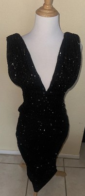 Fashion Nova Women's Sleeveless V Neck Sequin Mermaid Black Dress Size Small