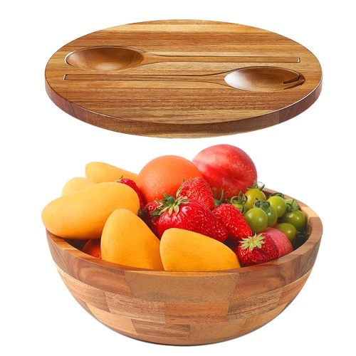 JOYMAY Salad Bowls Wood Salad Bowl Set with Lid Acacia Wood Serving Bowl for ...