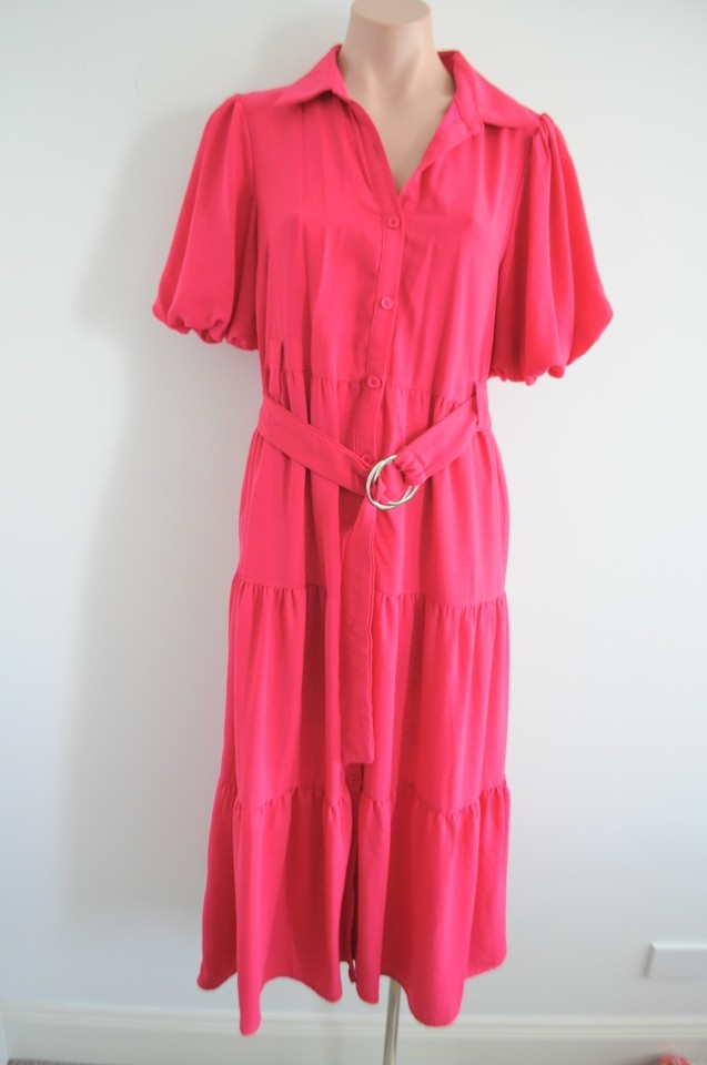 Style State Maxi Shirt Dress Womens Size 10 Pink Tiered Belted Boho Puff Sleeve