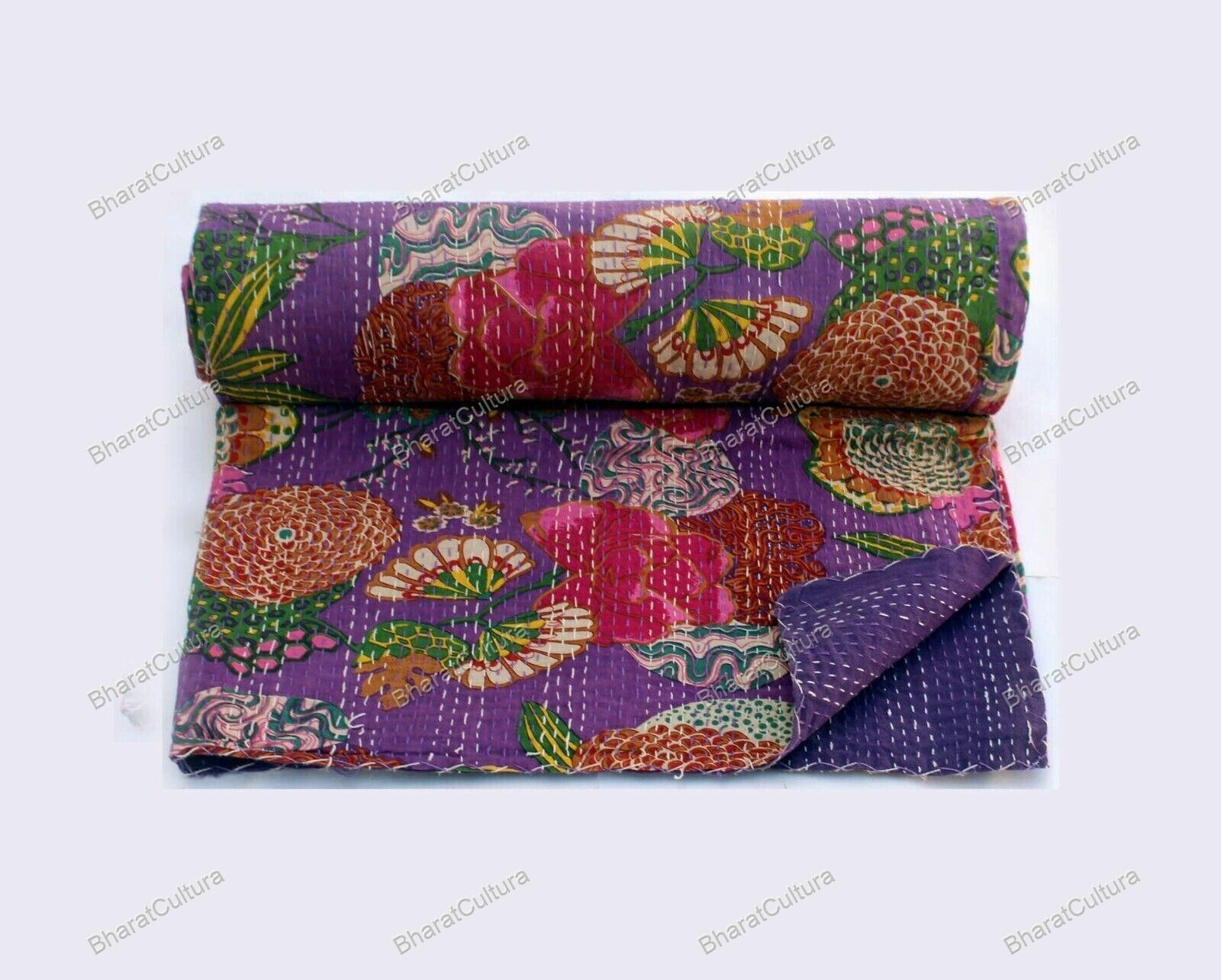 Couverture Reine Brodée Kantha - Motif Fleurs Boho Hippie - 100% Coton