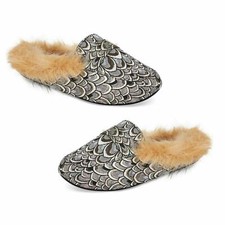 NEW International Concepts INC Silver Slides Slippers Brown Faux-Fur XL 11/12