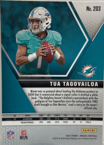 2020 Tia Tagovailoa Panini Mosaic Card #203 Rookie Miami Dolphins (RC) - Picture 2 of 2