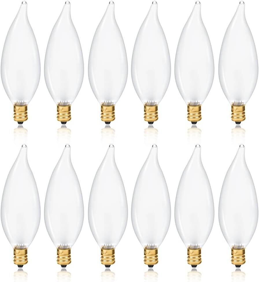 Candelabra Flame Tip Frosted 40W E12 Base Decorative Light Bulbs , (12 Pack)