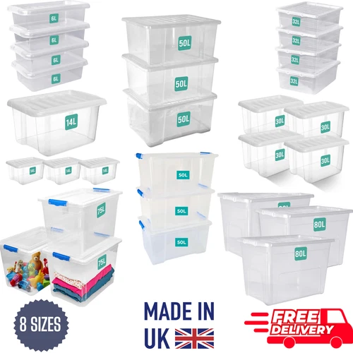 Heavy Duty Clear Plastic Storage Boxes with Lids Set of 3 Stackable | 6 Sizes