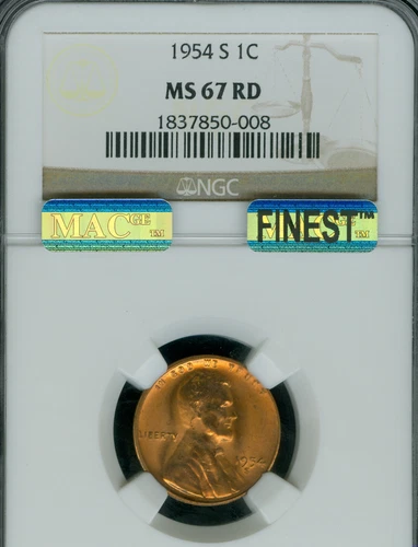 1954 S LINCOLN CENT NGC MS67 RED PQ MAC FINEST GRADE MAC SPOTLESS .