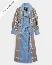 River Island Size L Full Length Denim Blue Graphic Longline Denim Trench Coat