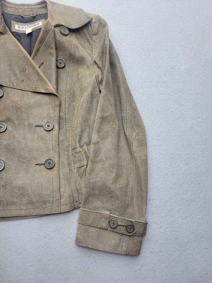 Chaqueta Express Mujer 6 Negro/Marrón Guisante Abrigo Sólido Corto Botón Cuero China Foto 2 de 4