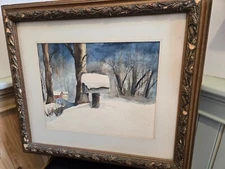 Vintage Watercolor Painting VT Winter Snowfall Quiet Country backroad landscape