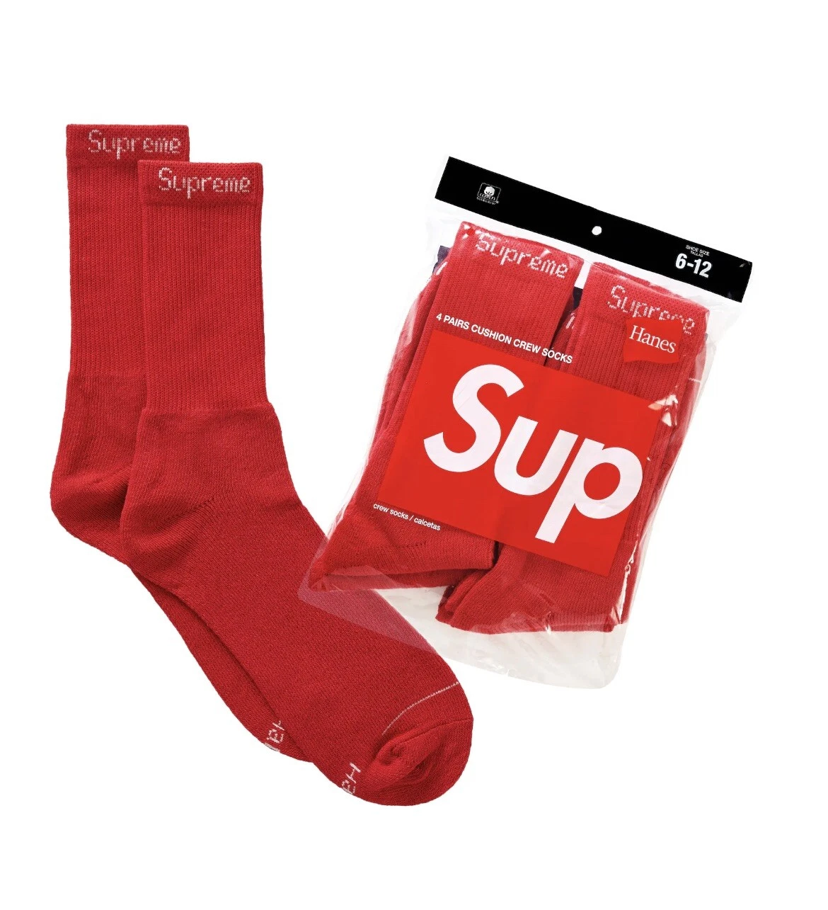 Pack de 4 chaussettes Supreme Hanes Crew   Rouge   100 % authentique  