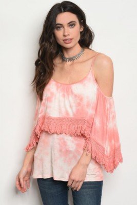 Pink Tie Dye Cold Shoulder Top Size Large Fringe Accent Jersey Knit