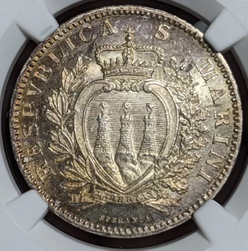 1898 R San Marino 2L 2 Lira NGC MS66 Gem UNC Silver Coin