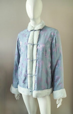 Shanghai Tang Blue Silk Rayon Jacket Faux Fur Trim Mandarin Oriental Uk10