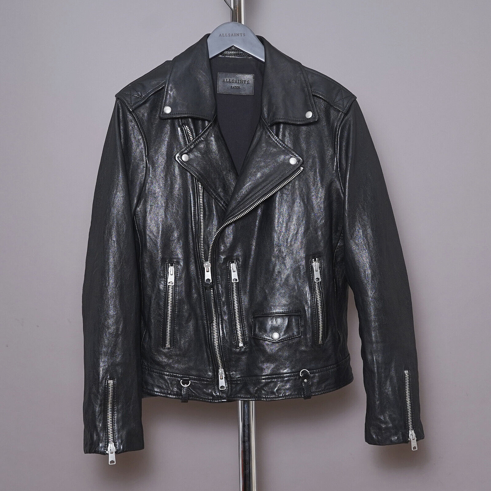ALL SAINTS Leather Jacket Mens LARGE Black L Biker Bomber Celebrity Grail SORA