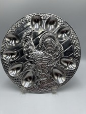 Pewter Deviled Egg Server Tray,  Chicken - Rooster Pattern