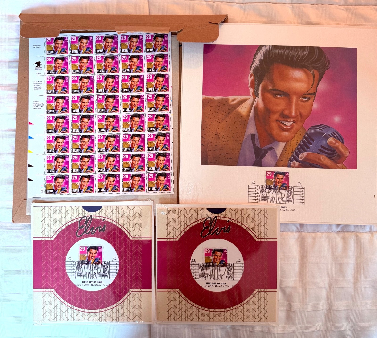 1993 Elvis Presley 29 cent sheet package with LP size print and 2 programs.