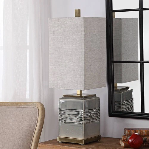 Country Cottage Table Lamp 31 3/4" Tall Warm Gray Glaze Beige Shade Living Room - Picture 1 of 5